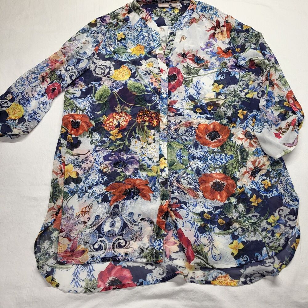 Chico's Women's Sheer Tunic Size 2 Tropical Floral Button Front Long V Neck